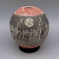 Polychrome jar with sgraffito Night of the Dead design
 by Hector Javier Martinez of Mata Ortiz and Casas Grandes
