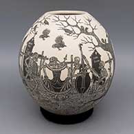 Black and white jar with sgraffito Day of the Dead design
 by Hector Javier Martinez of Mata Ortiz and Casas Grandes