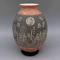 Polychrome jar with flared opening and sgraffito Night of the Dead design
 by Hector Javier Martinez of Mata Ortiz and Casas Grandes
