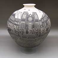 Large black and white jar with flared opening and sgraffito Day of the Dead in Santa Fe design
 by Hector Javier Martinez of Mata Ortiz and Casas Grandes