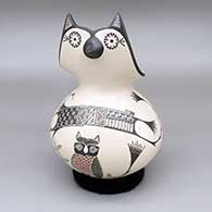 Polychrome owl effigy jar with a sgraffito and painted owl, branch, and geometric design
 by Angela Corona of Mata Ortiz and Casas Grandes