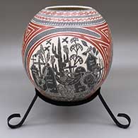 Polychrome jar with a three-panel sgraffito Day of the Dead and geometric design
 by Hilario Quezada Jr of Mata Ortiz and Casas Grandes