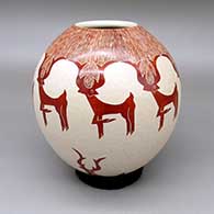 Red-on-white jar with a sgraffito deer design
 by Leonel Lopez Jr of Mata Ortiz and Casas Grandes