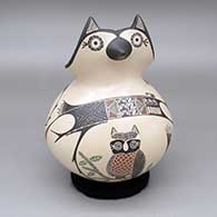 Polychrome owl effigy jar with a sgraffito and painted owl, branch, and geometric design
 by Angela Corona of Mata Ortiz and Casas Grandes