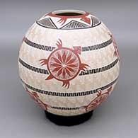 Polychrome jar with a sgraffito and painted turtle and geometric design
 by Eleuterio Pina of Mata Ortiz and Casas Grandes
