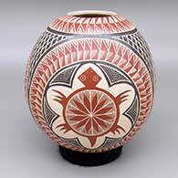 Polychrome jar with a sgraffito and painted three panel turtle and geometric design
 by Eleuterio Pina of Mata Ortiz and Casas Grandes