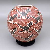 Polychrome jar with a sgraffito roadrunner and geometric design
 by Humberto Pina of Mata Ortiz and Casas Grandes