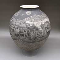 Large black and white jar with a flared opening and a sgraffito Night of the Dead in San Francisco design
 by Hector Javier Martinez of Mata Ortiz and Casas Grandes