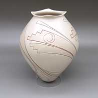 Polychrome jar with a flared square opening and a painted geometric design
 by Diego Valles of Mata Ortiz and Casas Grandes
