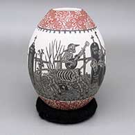 Polychrome jar with a sgraffito Day of the Dead and lace geometric design
 by Hector Javier Martinez of Mata Ortiz and Casas Grandes