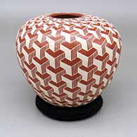 Red jar with a sgraffito geometric design
 by Jorge Quintana of Mata Ortiz and Casas Grandes