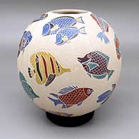 Polychrome jar with a sgraffito and painted assorted tropical fish design
 by Adrian Corona of Mata Ortiz and Casas Grandes