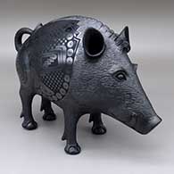 Black-on-black javelina  figure with a painted cuadrillos and geometric design
 by Nicolas Ortiz of Mata Ortiz and Casas Grandes