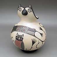 Polychrome owl effigy jar with a sgraffito and painted owl, branch, and geometric design
 by Angela Corona of Mata Ortiz and Casas Grandes