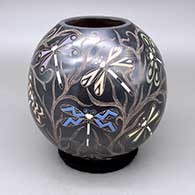Polychrome jar with a sgraffito and painted dragonfly and branch design
 by Elicena Cota of Mata Ortiz and Casas Grandes