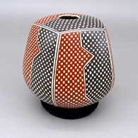 Polychrome jar with a pentagonal body and a cuadrillos geometric design
 by Luz Elva Gutierrez of Mata Ortiz and Casas Grandes