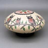 Polychrome jar with a sgraffito and painted owl, branch, and geometric design
 by Oscar Ramirez of Mata Ortiz and Casas Grandes
