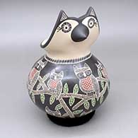 Polychrome owl effigy jar with a sgraffito and painted owl, branch, and geometric design
 by Oscar Ramirez of Mata Ortiz and Casas Grandes