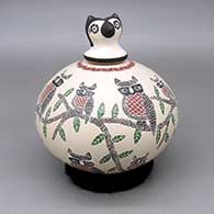 Polychrome lidded jar with a sgraffito and painted owl, branch, and geometric design and a matching lid
 by Oscar Ramirez of Mata Ortiz and Casas Grandes