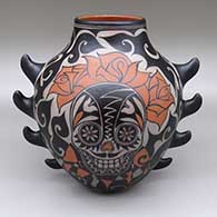 Polychrome jar with pointed appliques and a painted skull, flower, and geometric design
 by Lisa Holt of Cochiti