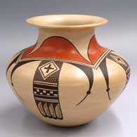 Polychrome jar with a wide rolled lip and 4-direction stylized thunderbird tail and geometric design
 by Dawn Navasie of Hopi