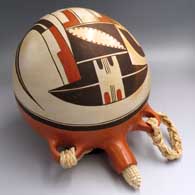 Large polychrome canteen with handles and a bird element and geometric design
 by Rachel Sahmie of Hopi