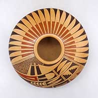 Polychrome jar with feather and geometric design
 by Gloria Kahe of Hopi