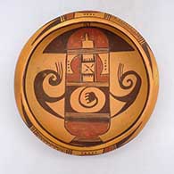 Polychrome bowl with fire clouds and a bird element and geometric design inside and out
 by Unknown of Hopi