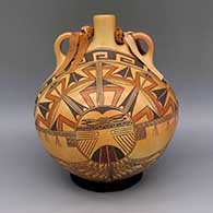 Polychrome canteen with a sun face medallion and geometric design, sgraffito details, fire clouds, and a braided leather handle
 by Jean Sahmie of Hopi