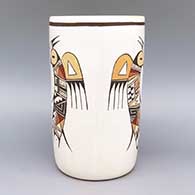 Polychrome cylinder with bird and cornstalk geometric design, click or tap to see a larger version