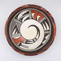 Polychrome bowl with bird element and geometric design inside and a bird element and geometric design around the shoulder of the bowl
 by Marcia Rickey aka Flying Ant of Hopi
