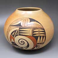A polychrome jar with fire clouds and a two-panel spiral, bird element and geometric design
 by Dextra of Hopi