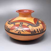 A Sikyatki-style jar with a recurved rim and a four-panel moth, bird element and geometric design
 by Hisi Quotskuyva Nampeyo of Hopi