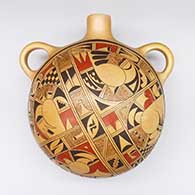 Polychrome canteen with fire clouds and a checkerboard and geometric design
 by Karen Charley of Hopi