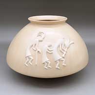 Buff jar with a flared opening and an applique dancing kokopelli design
 by Al Qoyawayma of Hopi