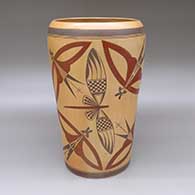 Polychrome Sikyatki Revival cylinder with fire clouds and a painted moth, dragonfly, and geometric design
 by Jeremy Adams of Hopi