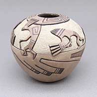 Small polychrome jar with a lightly carved, sgraffito, and painted kokopelli, dancer, pueblo, and geometric design
 by Gary Polacca Nampeyo of Hopi