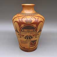 Polychrome jar with a flared opening, distinctive shape, fire clouds, and a painted Pahlik Mana and checkerboard geometric design
 by Jeremy Adams of Hopi