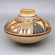 Polychrome jar with a slightly flared opening and a geometric design
 by Valerie Kahe of Hopi