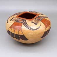 Polychrome jar with a rounded square geometric cut opening, fire clouds, and a four-panel eagle tail geometric design
 by Rachel Sahmie of Hopi