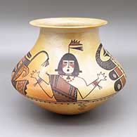 Polychrome jar with a flared opening, fire clouds, and a sgraffito and painted dancer and geometric design over a speckled background
 by Agnes Nahsonhoya of Hopi