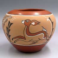 Polychrome jar with a 2-panel deer, mountain, forest and geometric design
 by Pauline Romero of Jemez