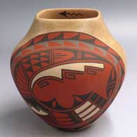 Polychrome jar painted with a medallion geometric design and a square opening
 by Juanita Fragua of Jemez