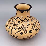 Polychrome jar with flared lip and sgraffito and painted dragonfly and geometric design
 by Glendora Fragua of Jemez