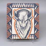 Polychrome tile with a buffalo, feather, and geometric design
 by Loren Wallowing Bull of Jemez