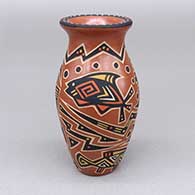 Small polychrome jar with a flared opening and a sgraffito and painted fish and geometric design
 by Glendora Fragua of Jemez