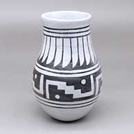 A black-on-pearl gray water jar decorated with bands of feather and geometric design
 by Joshua Madalena of Jemez