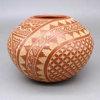 Red jar with a sgraffito kiva step and geometric design
 by Wilma Baca Tosa of Jemez