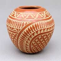 Small red jar with a sgraffito feather ring, kiva step, and geometric design
 by Wilma Baca Tosa of Jemez
