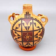 Polychrome marbleized clay canteen with a fine line and geometric design and a leather strap
 by Calvin Analla Jr of Laguna